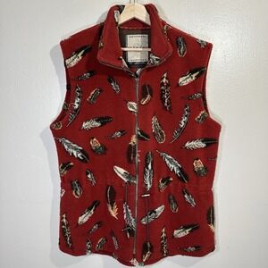 Indigenous Tsunami L Native Feather Zip Fleece Lined Red Vest Jacket Drawstring